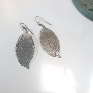 Vintage Silver Filigree Leaf Dangle Earrings, Boho Jewelry with Intricate Design